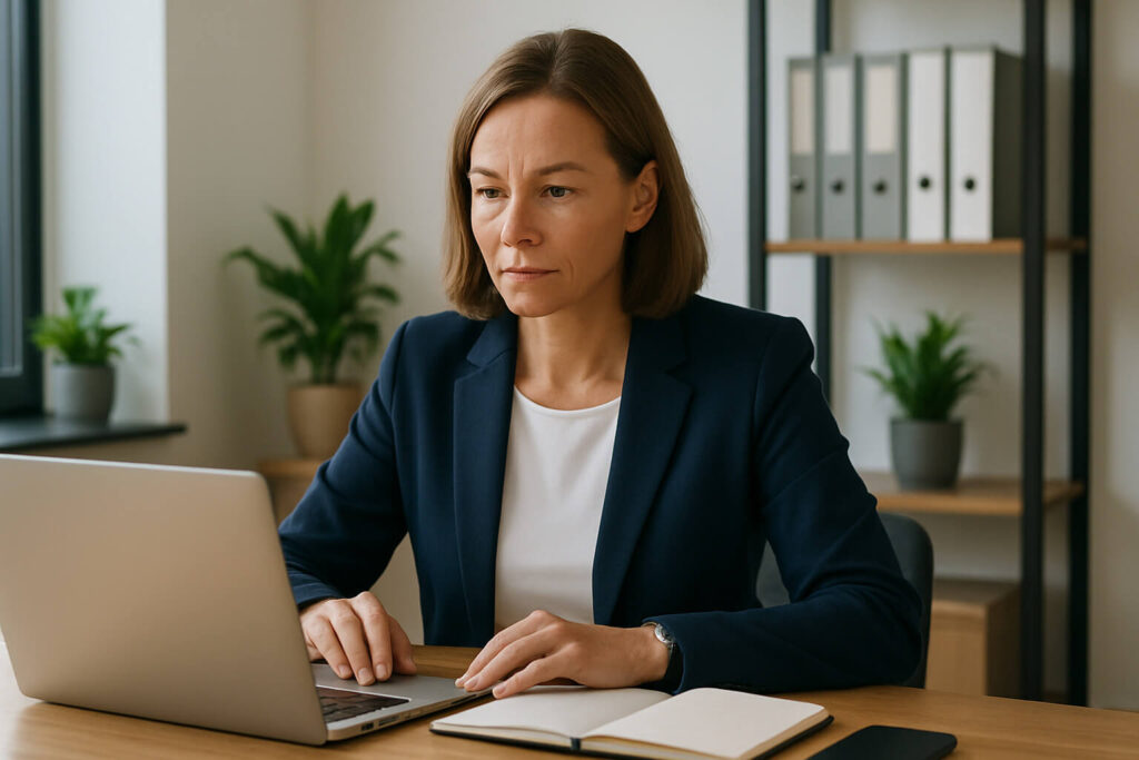 Externe Marketingleitung im Mittelstand strukturiert Marketingprozesse am Laptop – klare Verantwortung, klare Steuerung.