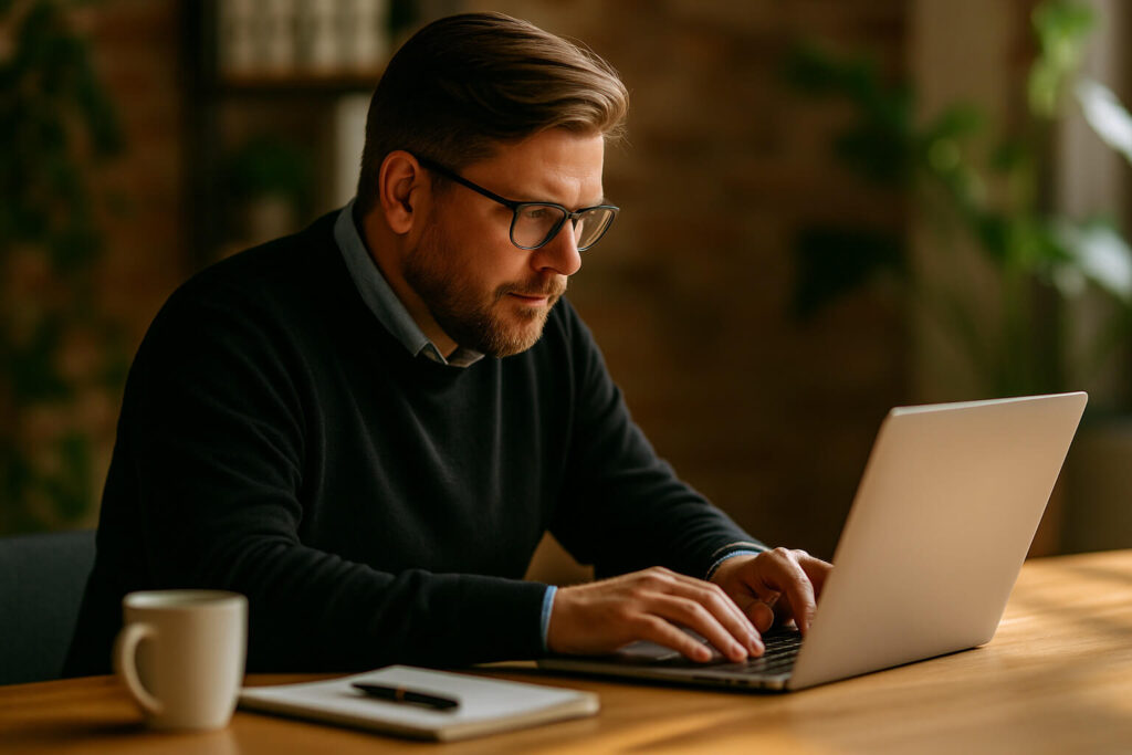 Externe Marketingleitung koordiniert Marketing im Mittelstand, konzentrierte Arbeit am Laptop im deutschen KMU