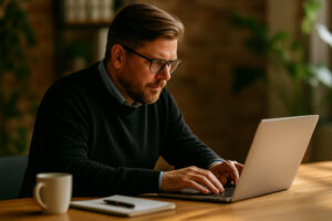 Externe Marketingleitung koordiniert Marketing im Mittelstand, konzentrierte Arbeit am Laptop im deutschen KMU