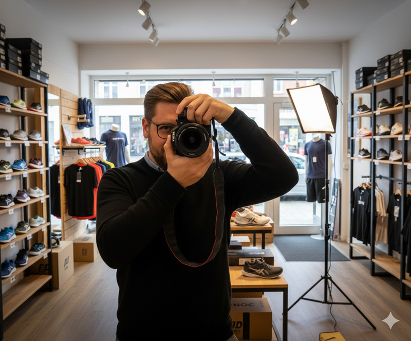 Nicht warten. Machen. Fotos müssen existieren, nicht nur geplant werden. Selfie im Ladenlokal. Erstellt mit Gemini KI.